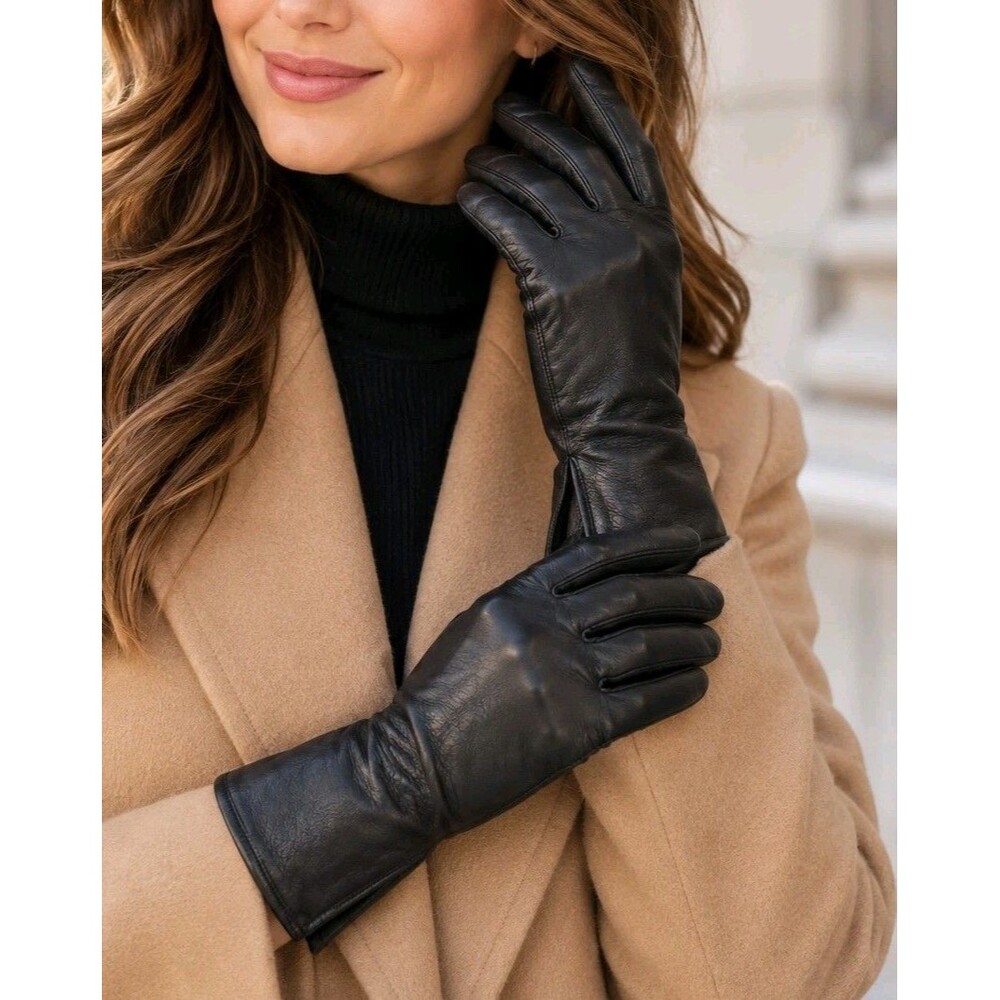 Aris Isotoner Womens Black Genuine Lamb Leather Gloves Size 8 Fleece Lined